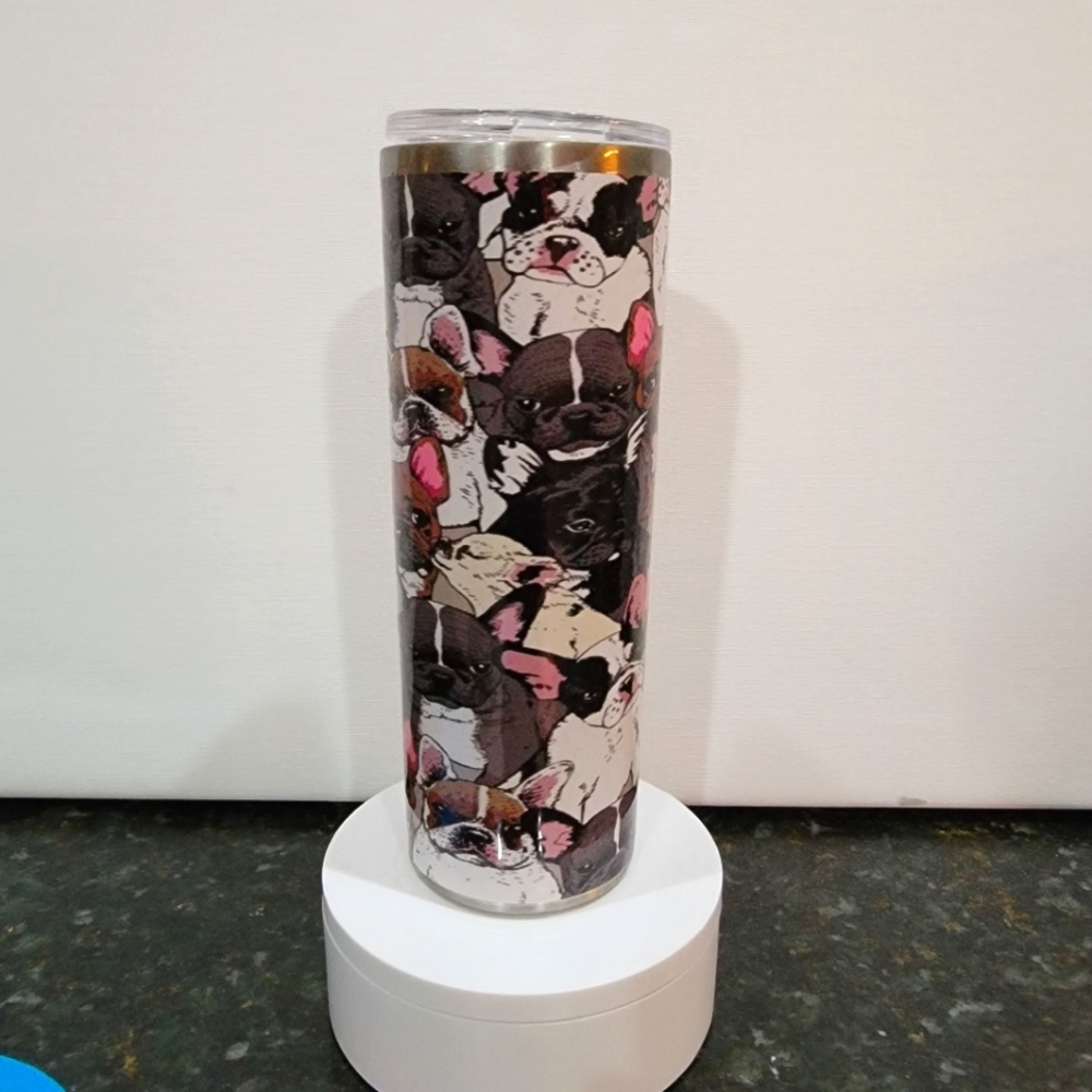 Frenchie skinny tumbler with stainless steel straw and lid